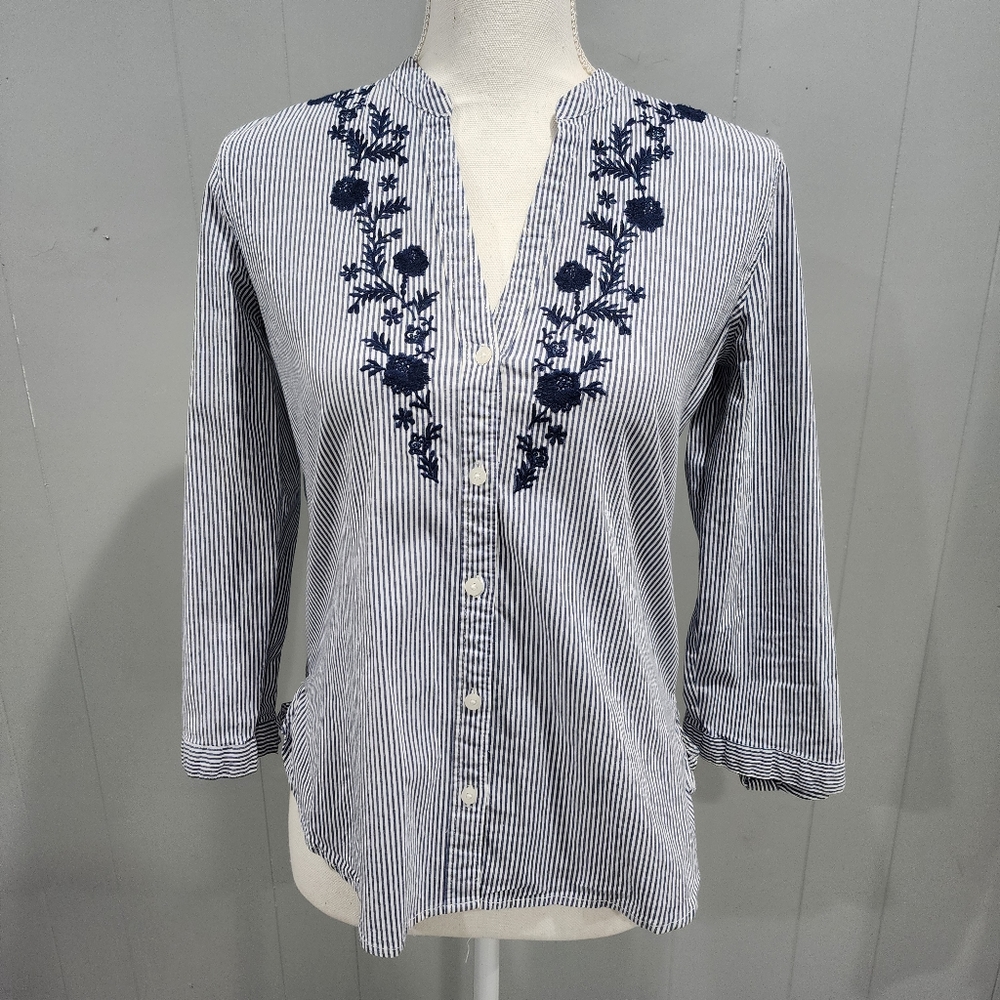 Abercrombie Fitch Striped Blue White Button Up Shirt Floral Embroidery Women